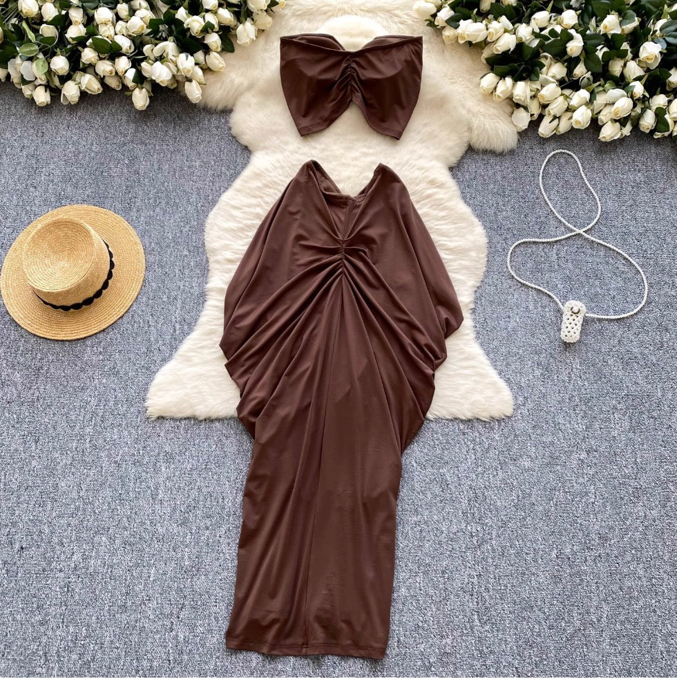 Tank Top & Pleated Skirt Coffee 2Pcs