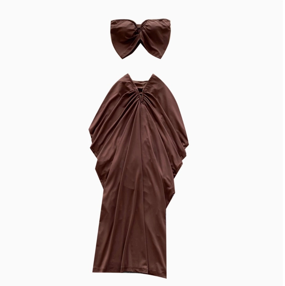 Tank Top & Pleated Skirt Coffee 2Pcs