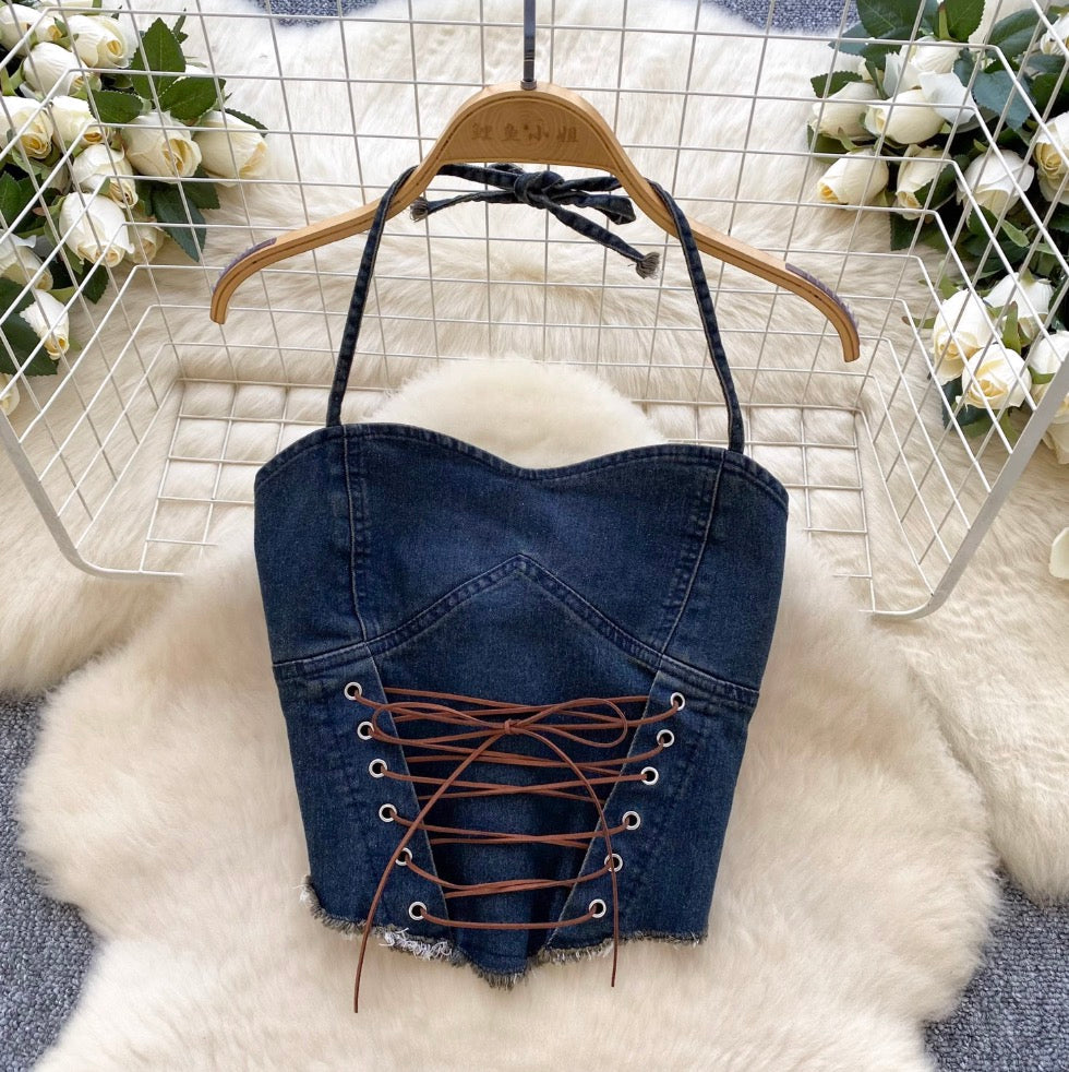 Lace-up Halter Top & Skirt Denim 2Pcs