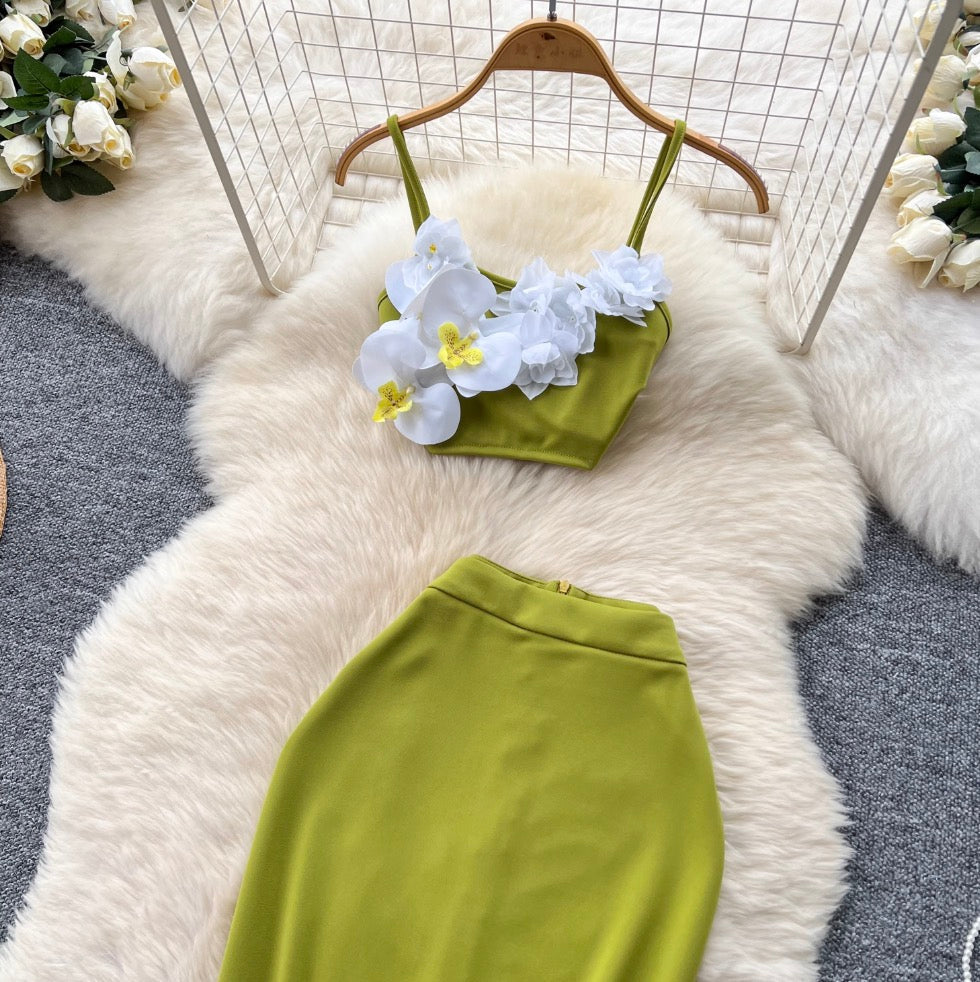 3d Flower Camisole & Skirt Green 2Pcs