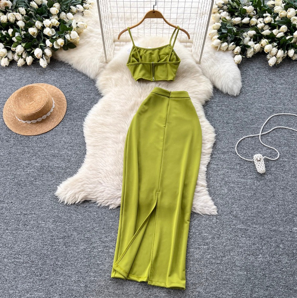 3d Flower Camisole & Skirt Green 2Pcs