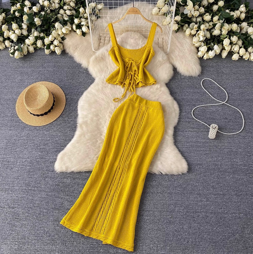 Lace-up Camisole & Skirt Knitwear 2Pcs