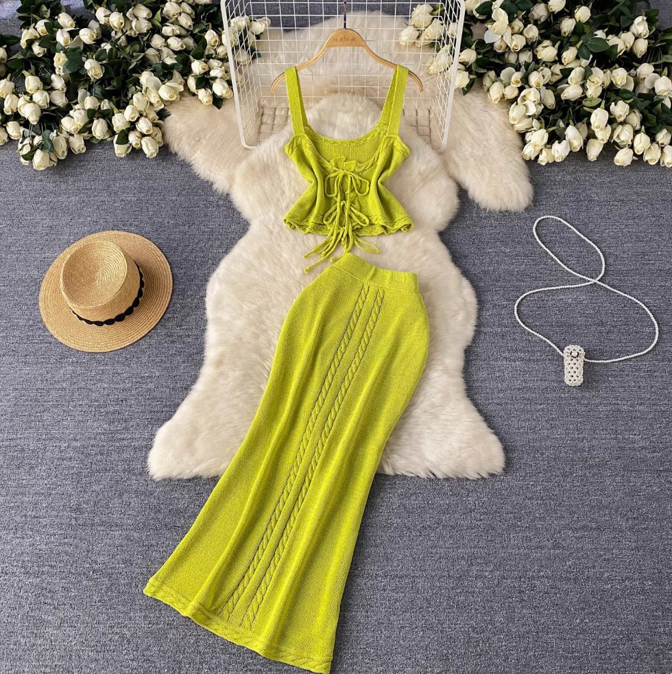 Lace-up Camisole & Skirt Knitwear 2Pcs