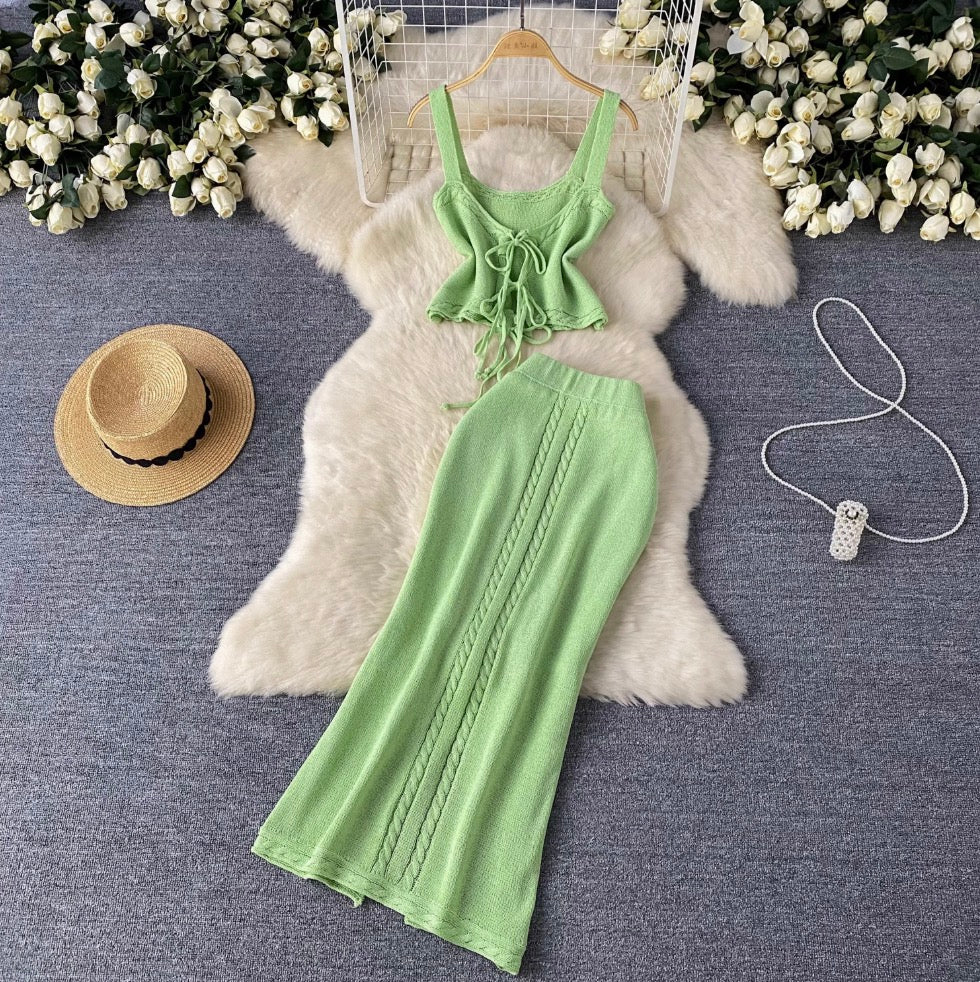 Lace-up Camisole & Skirt Knitwear 2Pcs