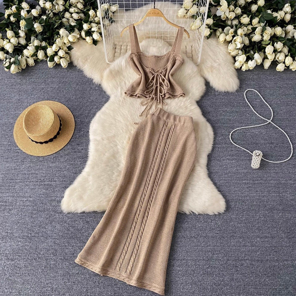 Lace-up Camisole & Skirt Knitwear 2Pcs