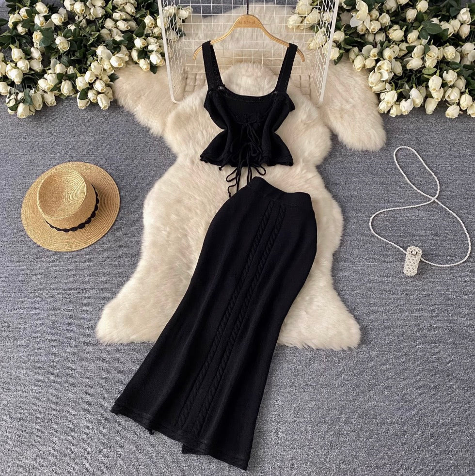 Lace-up Camisole & Skirt Knitwear 2Pcs