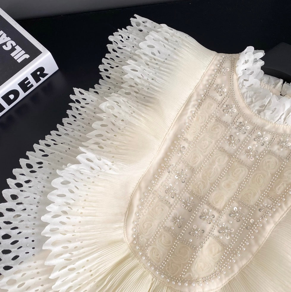 Courtly Beaded Patchwork Ruffled Top