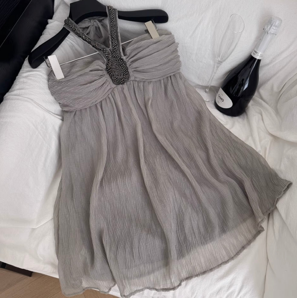 Beaded Gray Chiffon Halter Dress