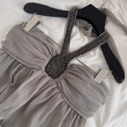 Beaded Gray Chiffon Halter Dress