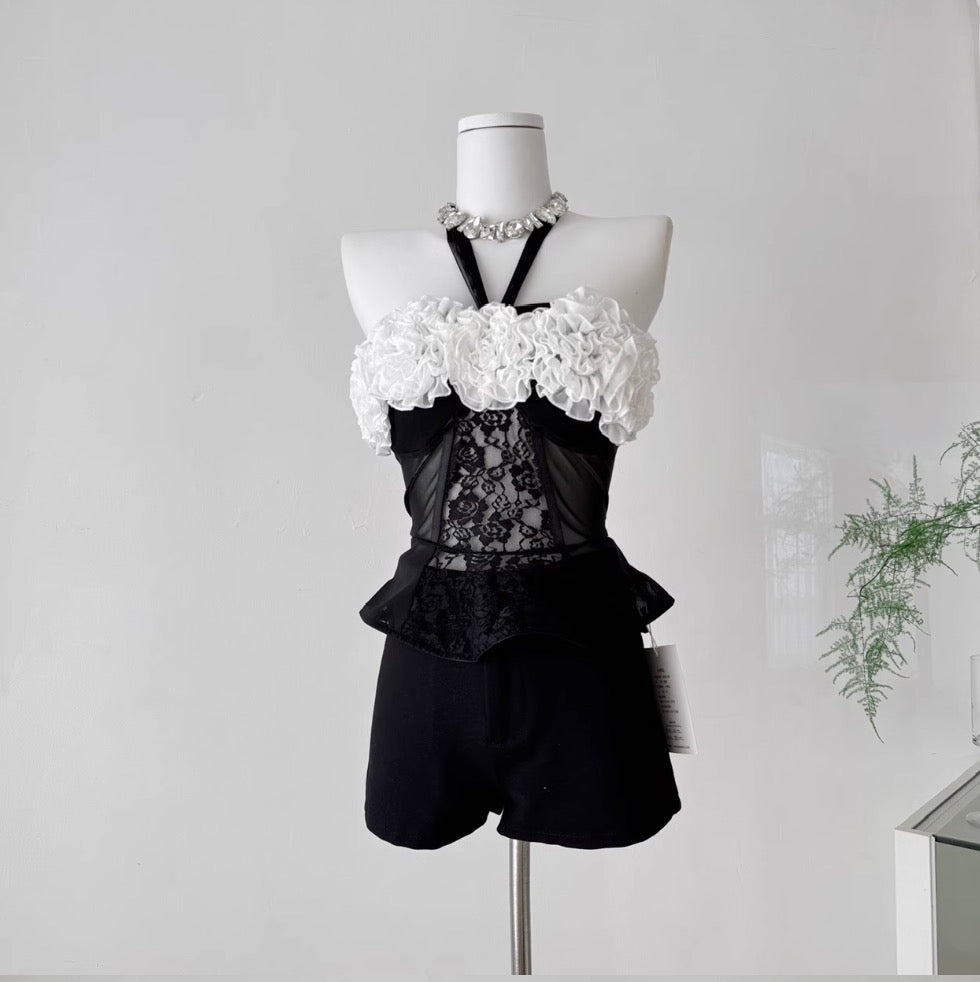 Color-blocking Ruffled Mesh Halter Top