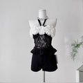 Color-blocking Ruffled Mesh Halter Top