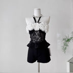 Color-blocking Ruffled Mesh Halter Top