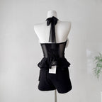 Color-blocking Ruffled Mesh Halter Top