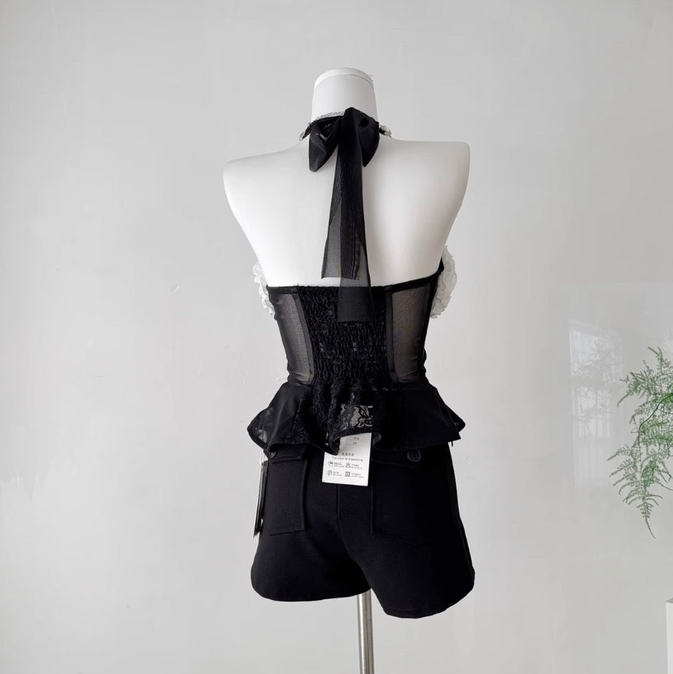 Color-blocking Ruffled Mesh Halter Top