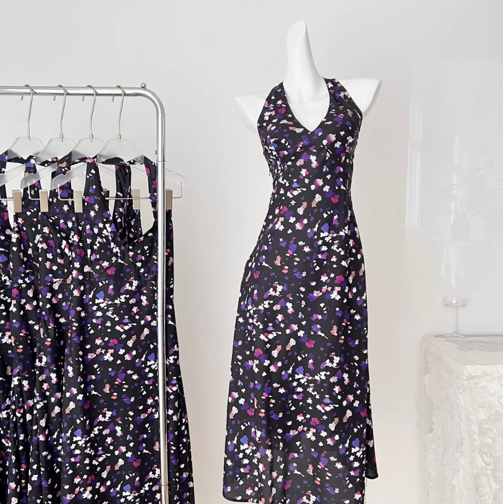 Vintage V-neck Floral Halter Dress