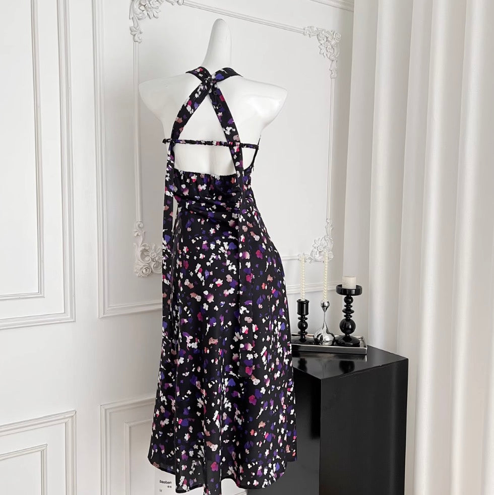 Vintage V-neck Floral Halter Dress