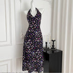 Vintage V-neck Floral Halter Dress