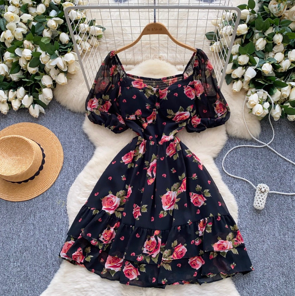 Vintage Puffy Sleeve Floral Dress