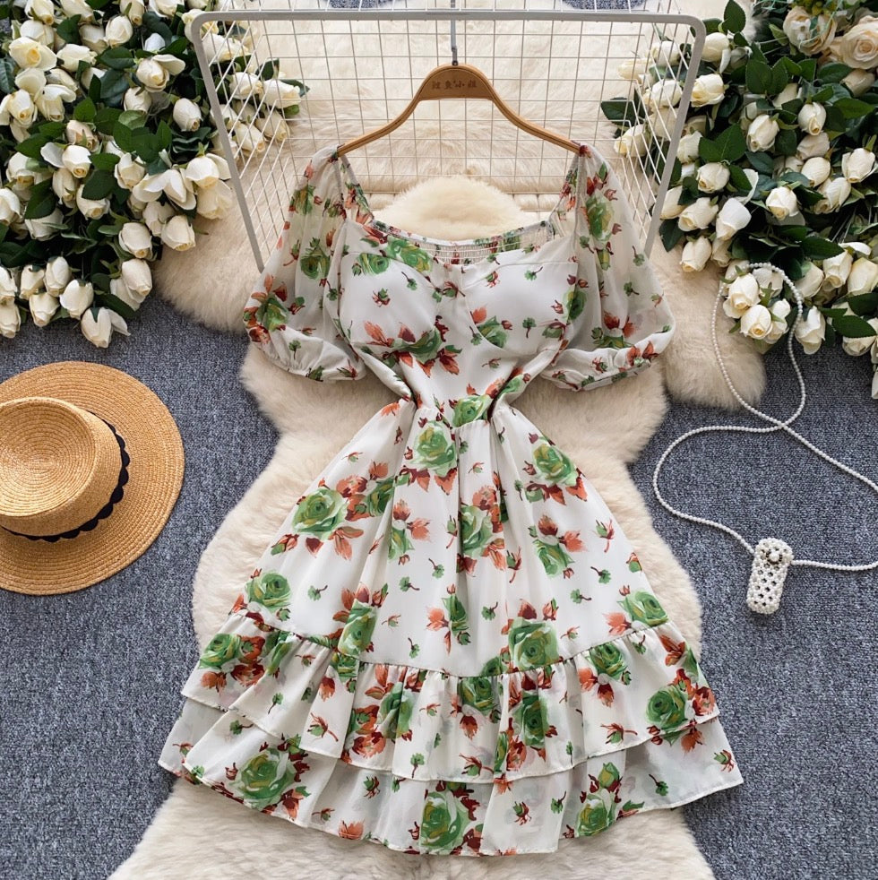 Vintage Puffy Sleeve Floral Dress