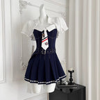 Denim Patchwork Dress with White Cape 2Pcs