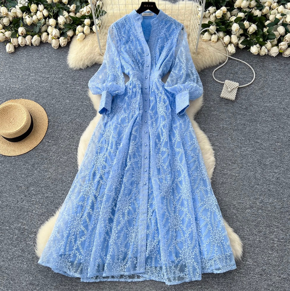 Vintage V-neck Embroidery Mesh Dress