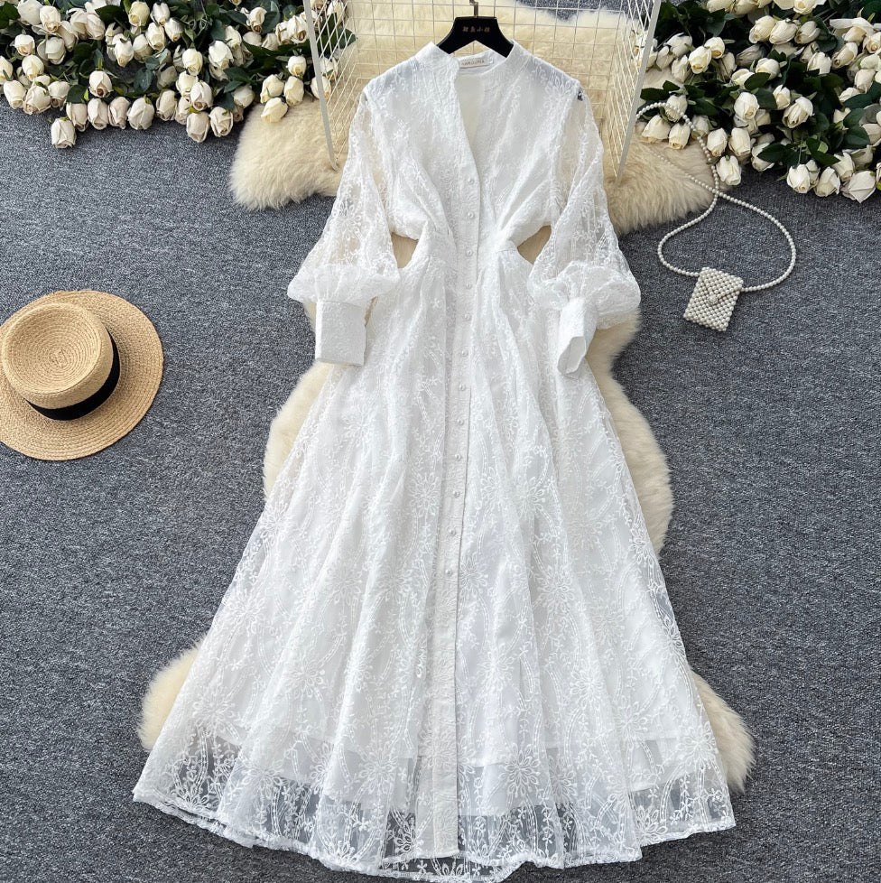 Vintage V-neck Embroidery Mesh Dress