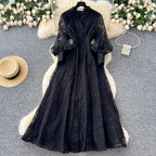 Vintage V-neck Embroidery Mesh Dress