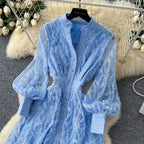 Vintage V-neck Embroidery Mesh Dress