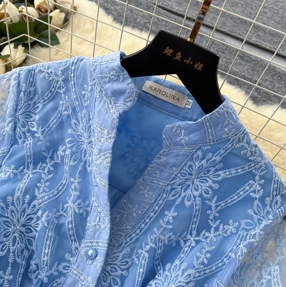 Vintage V-neck Embroidery Mesh Dress
