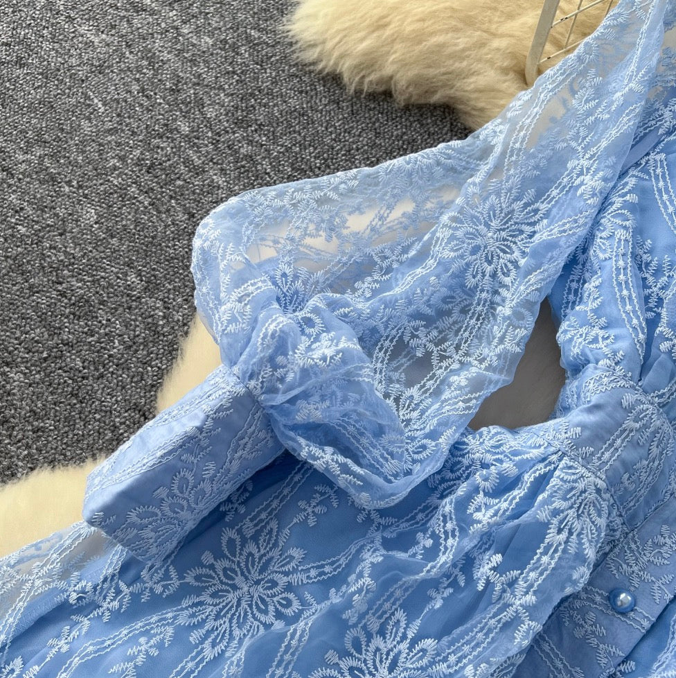 Vintage V-neck Embroidery Mesh Dress
