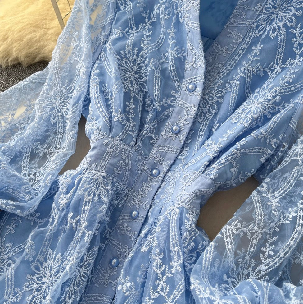 Vintage V-neck Embroidery Mesh Dress