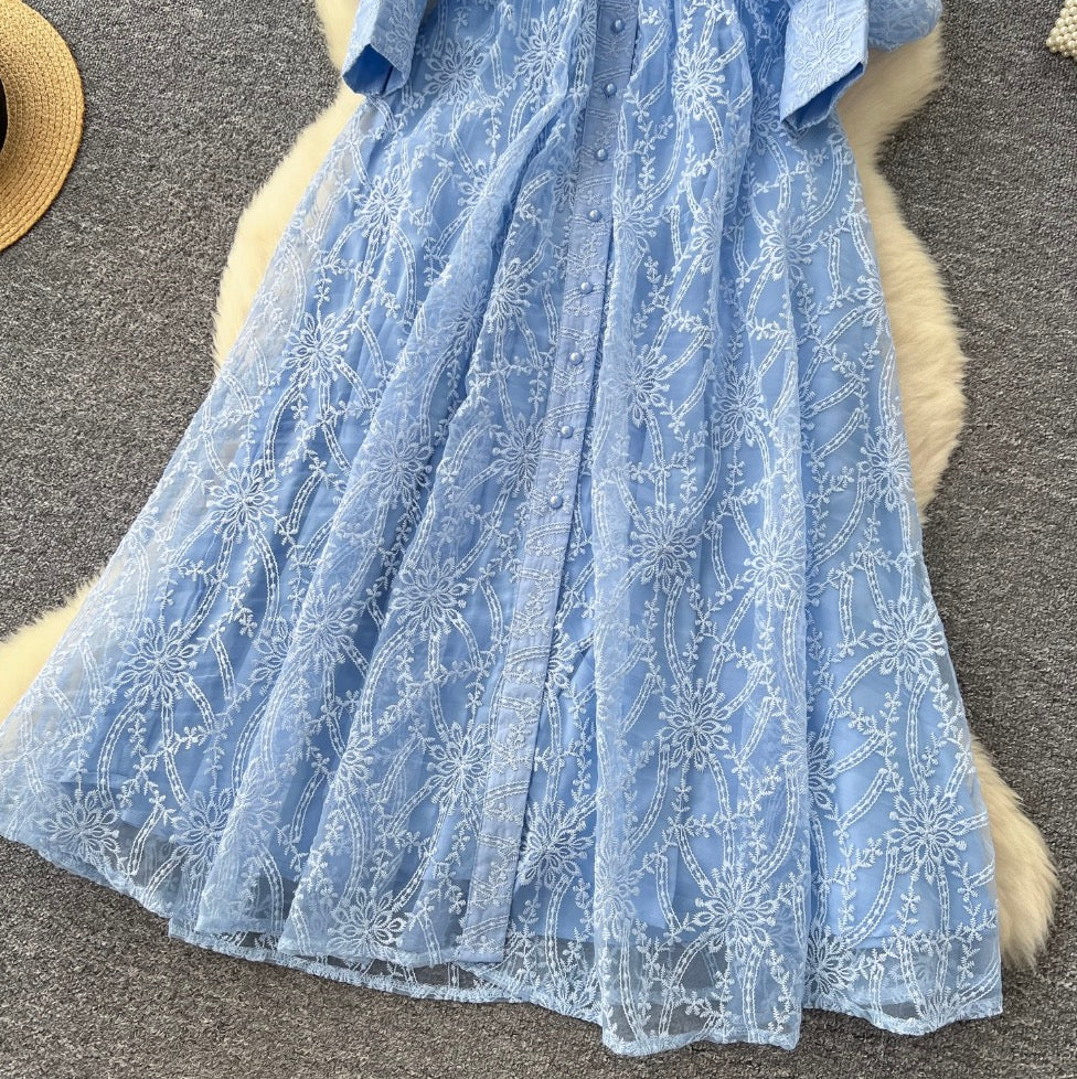 Vintage V-neck Embroidery Mesh Dress