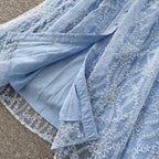 Vintage V-neck Embroidery Mesh Dress