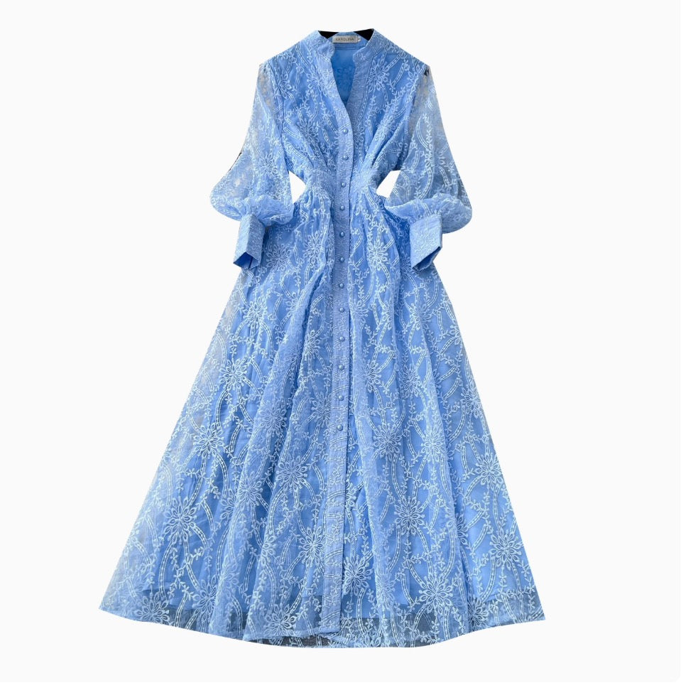 Vintage V-neck Embroidery Mesh Dress