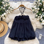 Vintage Lace-up Ruffled Mesh Top