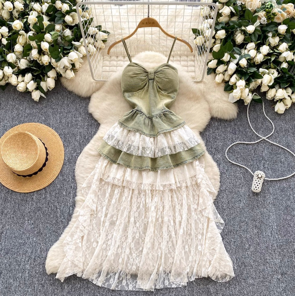 Vintage Denim Lace Patchwork Slip Dress