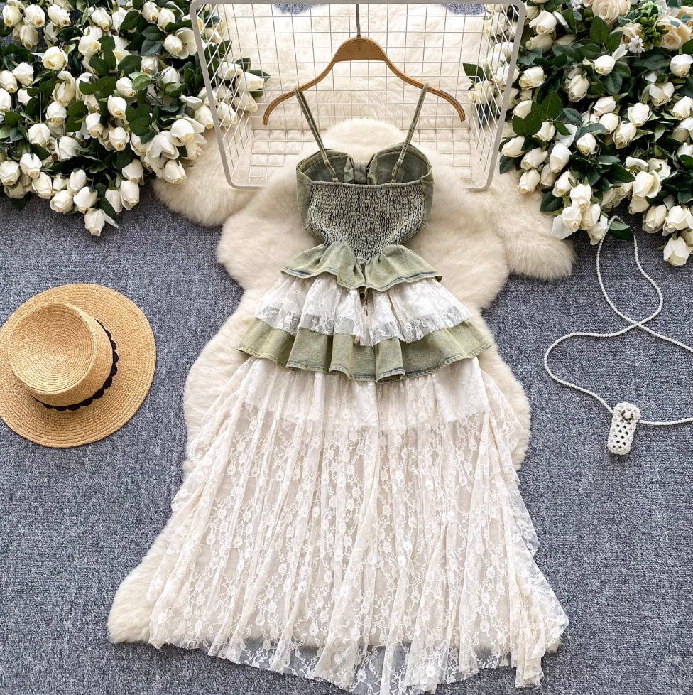 Vintage Denim Lace Patchwork Slip Dress