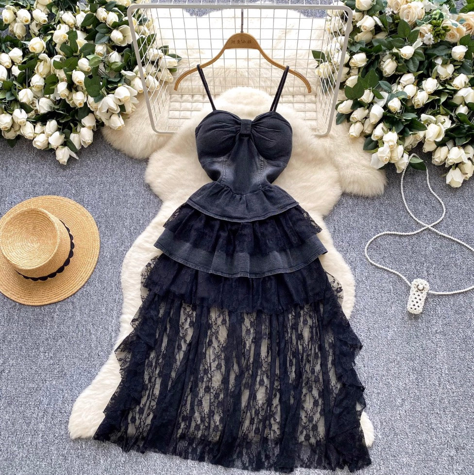 Vintage Denim Lace Patchwork Slip Dress