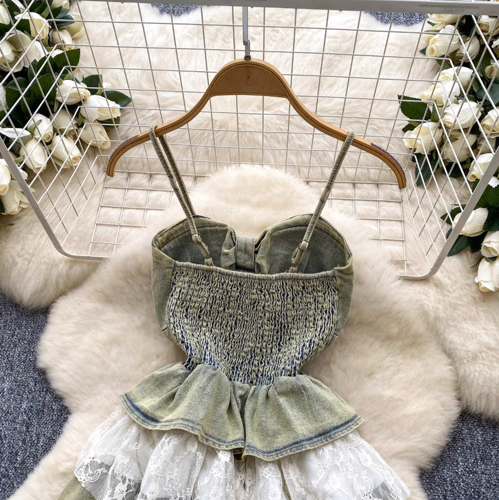 Vintage Denim Lace Patchwork Slip Dress