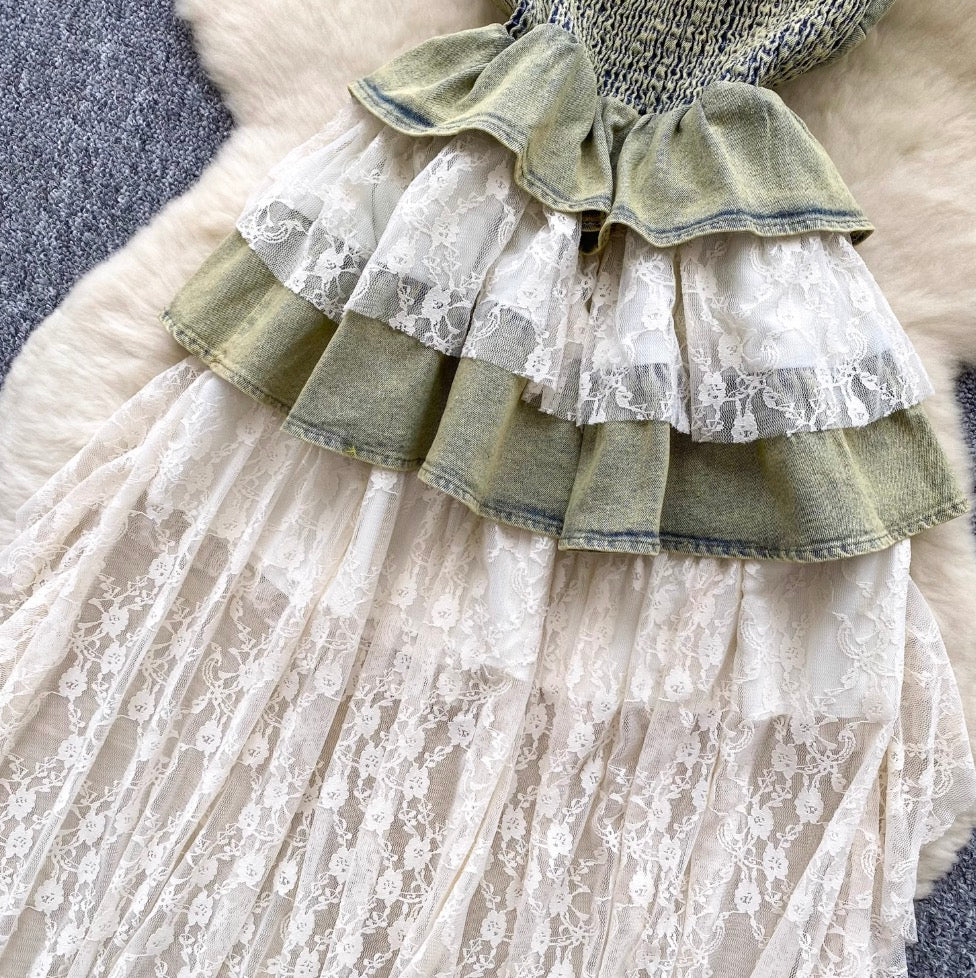 Vintage Denim Lace Patchwork Slip Dress
