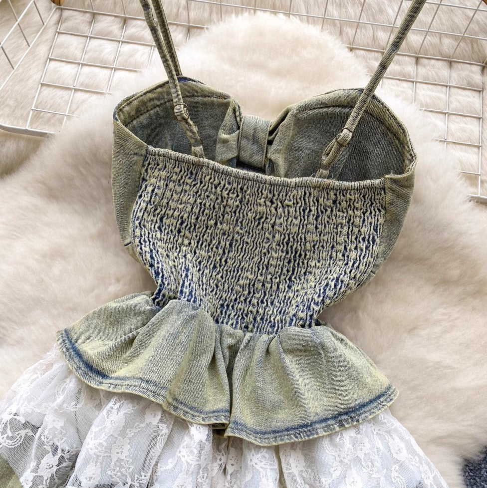 Vintage Denim Lace Patchwork Slip Dress