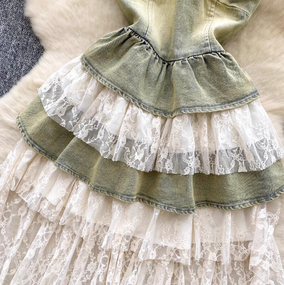 Vintage Denim Lace Patchwork Slip Dress