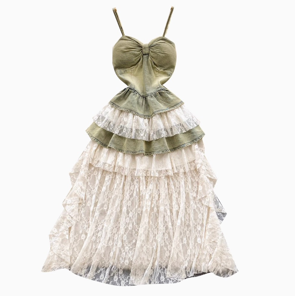 Vintage Denim Lace Patchwork Slip Dress