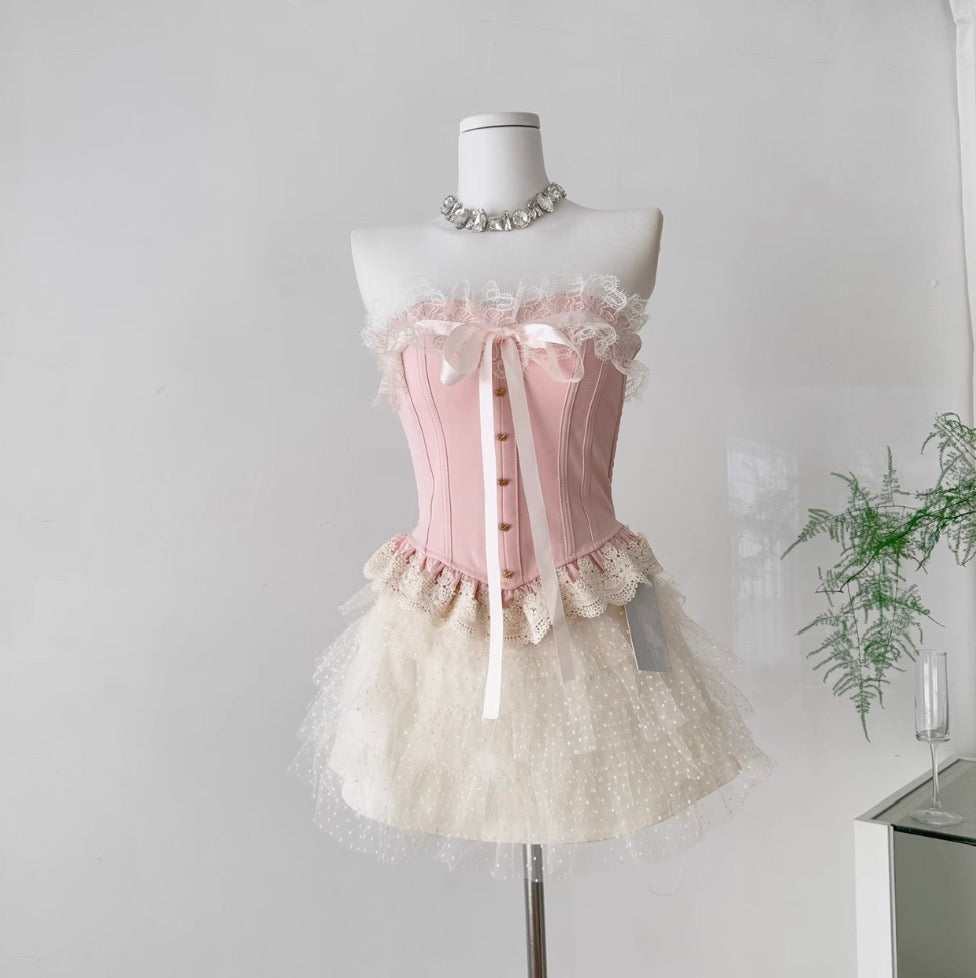 Courtly Lace Top & Mesh Skirt 2Pcs