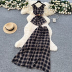 Vintage Plaid Printed Top & Skirt 2Pcs