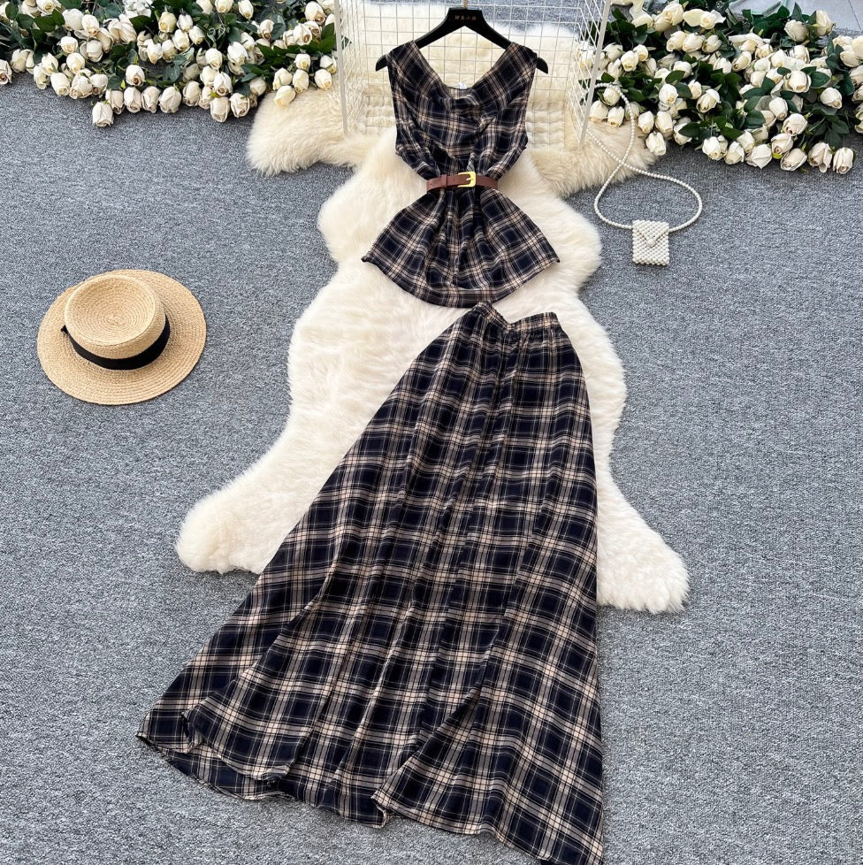 Vintage Plaid Printed Top & Skirt 2Pcs