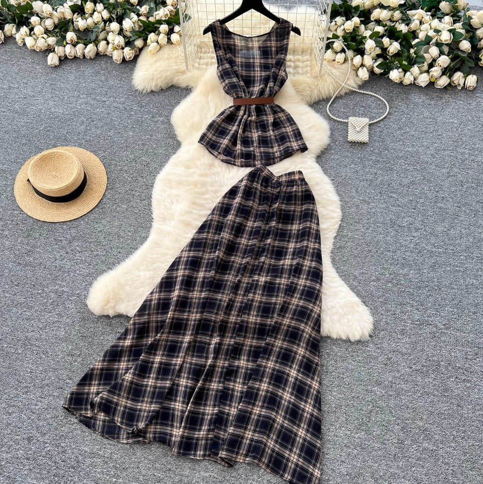 Vintage Plaid Printed Top & Skirt 2Pcs