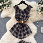 Vintage Plaid Printed Top & Skirt 2Pcs