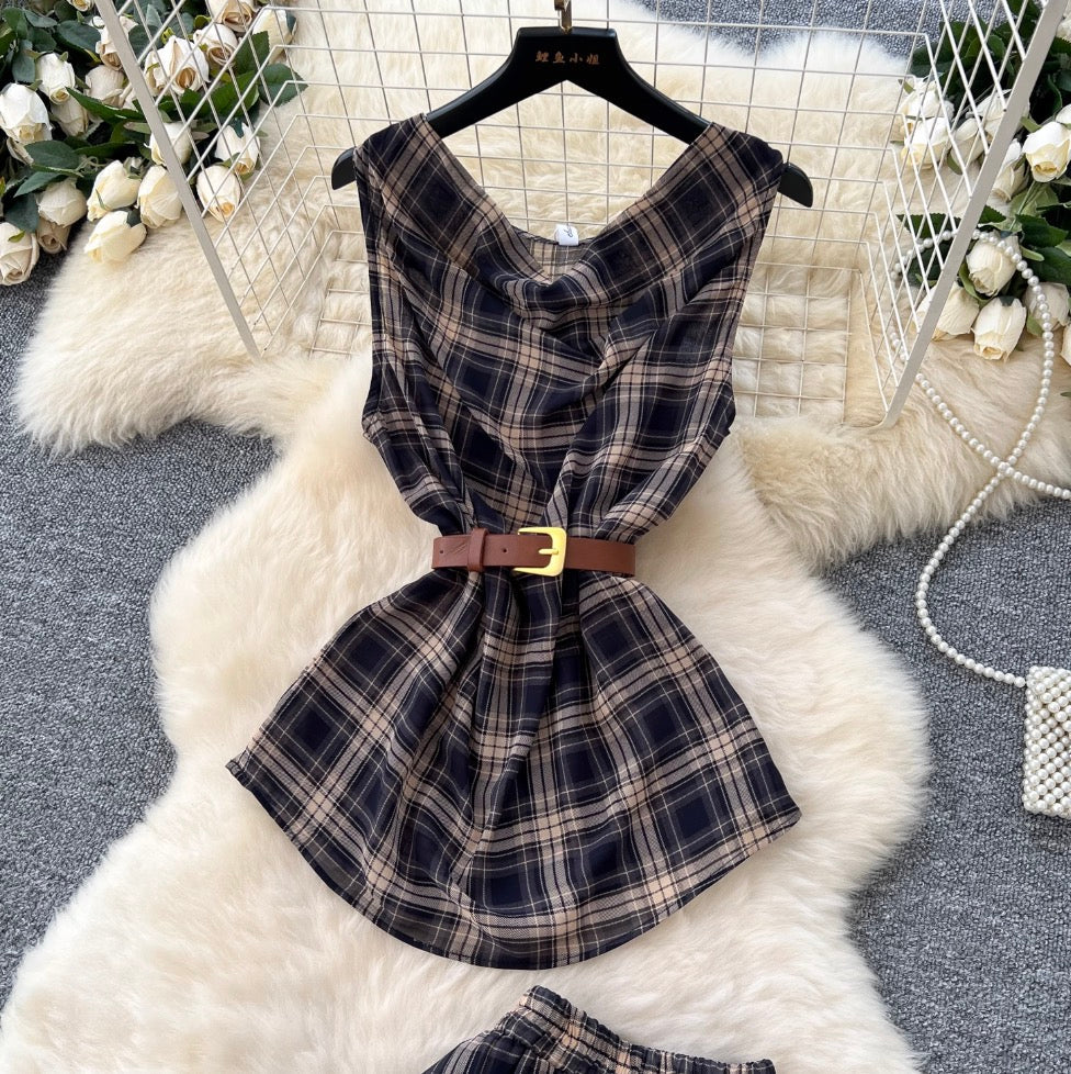 Vintage Plaid Printed Top & Skirt 2Pcs