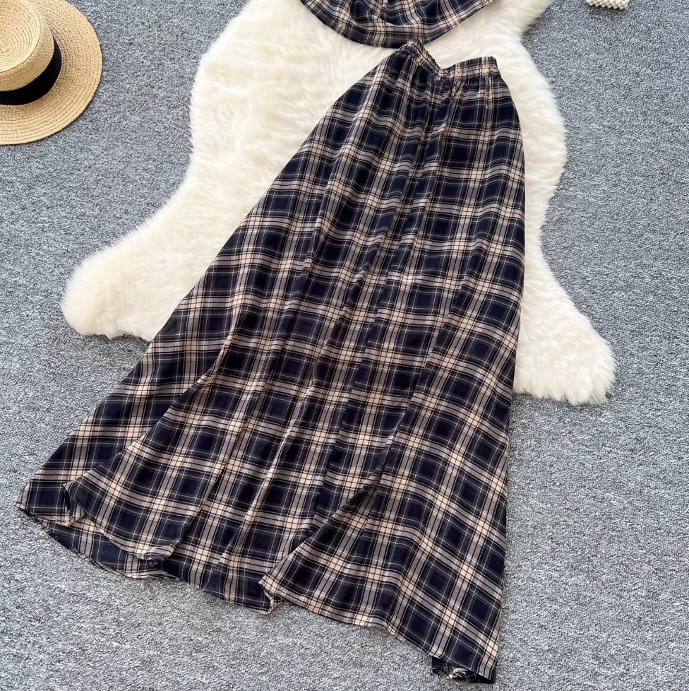 Vintage Plaid Printed Top & Skirt 2Pcs